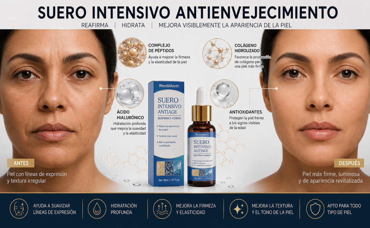 Suero antienvejecimiento con solución concentrada de péptidos, colágeno y ácido hialurónico.