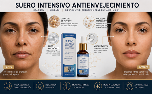 Suero antienvejecimiento con solución concentrada de péptidos, colágeno y ácido hialurónico.